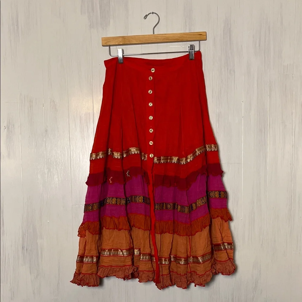 Paul Ropp Bohemian Red and Orange Button-Down Skirt‎ Size XS
